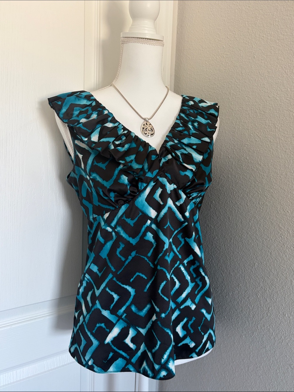 Black & Teal Printed Ruffle V-Neck Dress